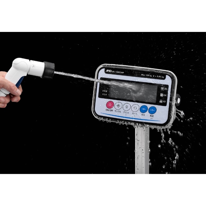 A&D Weighing FG-CWP Waterproof Platform Scale Series Water Splash on Control Panel Angled Left Front View