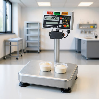A&D Weighing FS-60Ki & FS-150Ki Checkweighing IP65 Scales Sitting on Laboratory Bench Angled Left Front View
