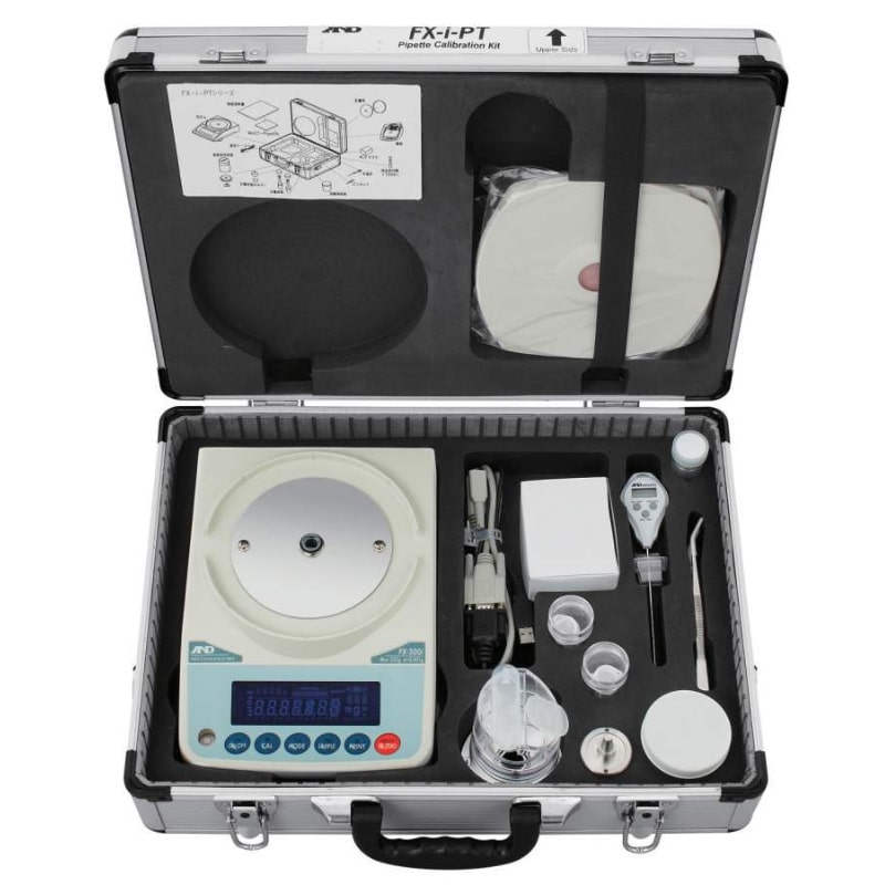 A&D Weighing FX-300i-PT Pipette Accuracy Testing Kit Opened Case Top Front View