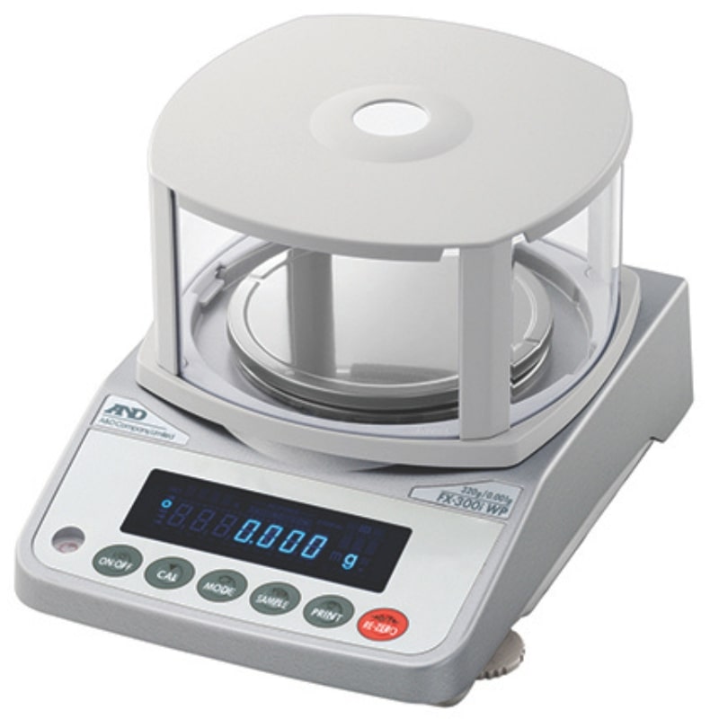 A&D Weighing FX-300iWP Precision Balance with OP-10 Standard Breeze Break Angled Left Front View