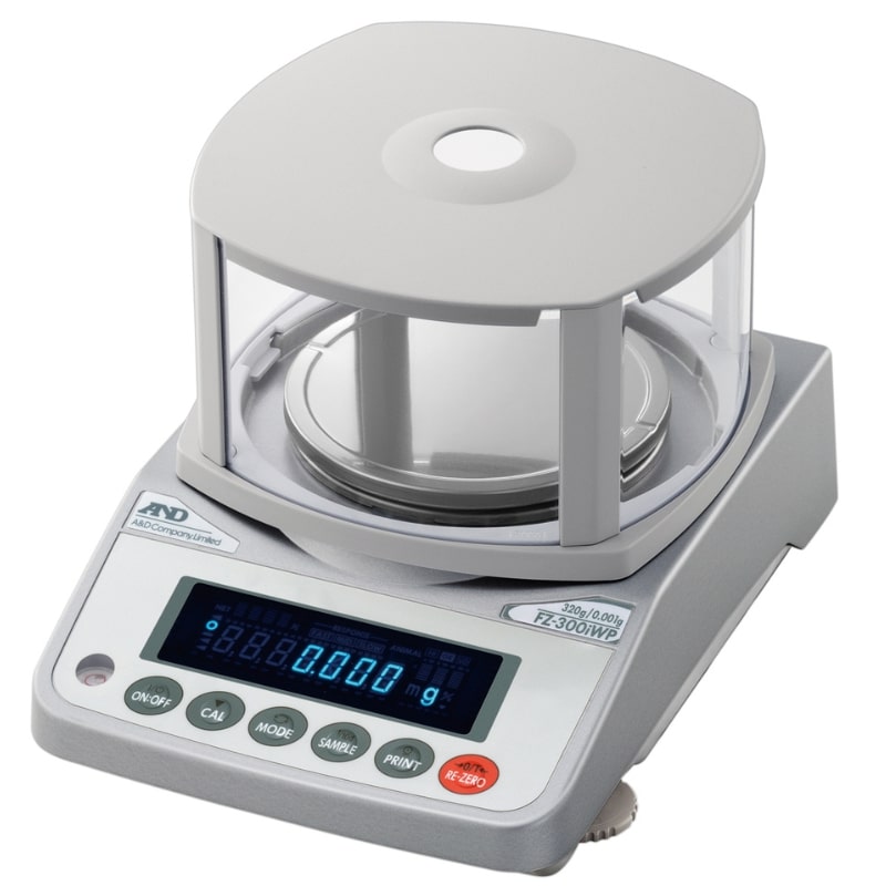 A&D Weighing FZ-300iWP Precision Balance with OP-10 Small Breeze Break Angled Left Front Top View
