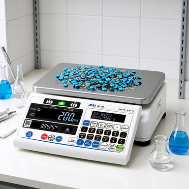 A&D Weighing GC Precision Counting Scale Series with Capacitors on Top Sitting on Laboratory Bench Front Left Angled View