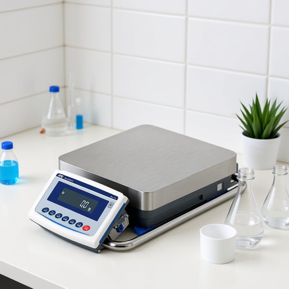 A&D Weighing GX-L High Capacity Precision Balance Series Stand Folded Down Sitting on Laboratory Bench Front Left Angled View