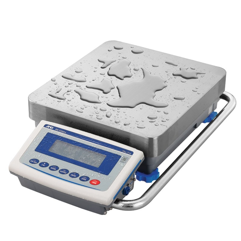 A&D Weighing GX-L High Capacity Precision Balance Series Stand Folded Down with Spilt Water Angled Left Front View