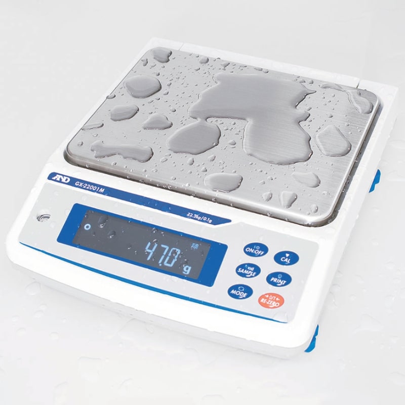 A&D Weighing GX-M Industrial Precision Balance Series with Spilt Water Angled Left Top Front View