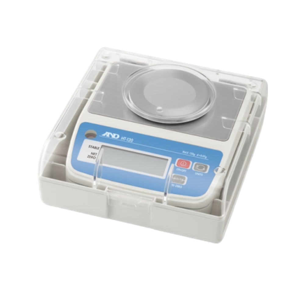 A&D Weighing HT-120 Compact Precision Balance inside Stackable Carry Case Angled Left Top Front View