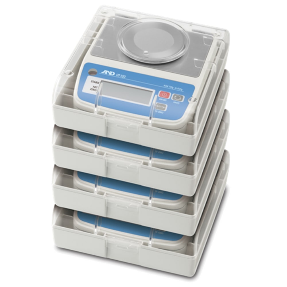 A&D Weighing HT-120 Compact Precision Balance x 4 inside Stack of Carry Cases Angled Left Top Front View