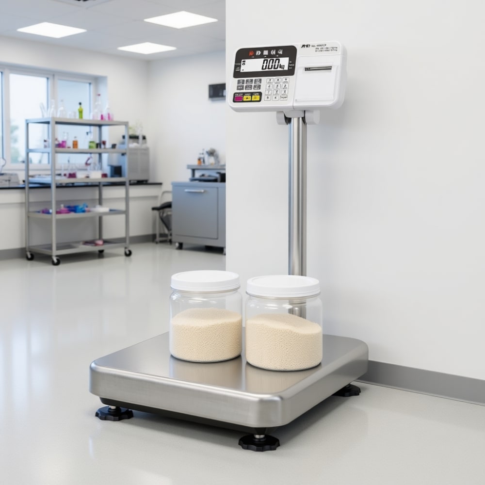 A&D Weighing HV-200KCP & HW-200KCP Multi-functional Platform Scales Sitting on Laboratory Floor Angled Left Front View
