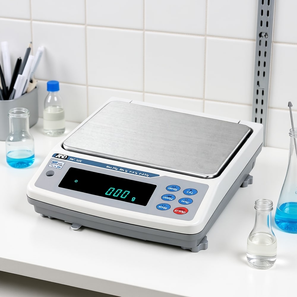 A&D Weighing MC-10K Mass Comparator Precision Balance Sitting on Laboratory Bench Angled Left Front View