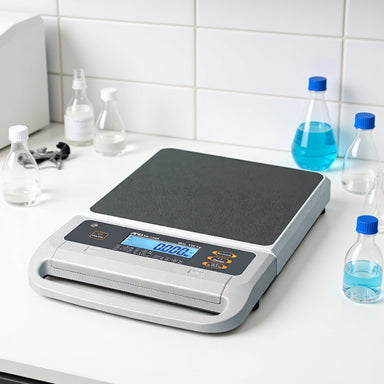 A&D Weighing SA Portable Scales Sitting on Laboratory Bench Front Left Angled View