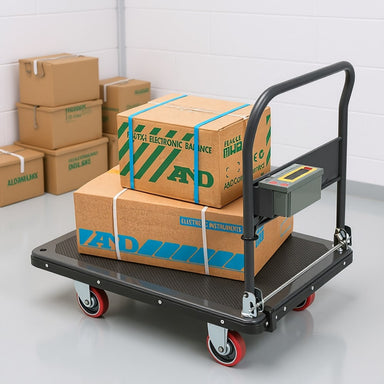 A&D Weighing SD-200 Warehouse Trolley Scales with Parcels used in Docking Area Rear Left Angled View