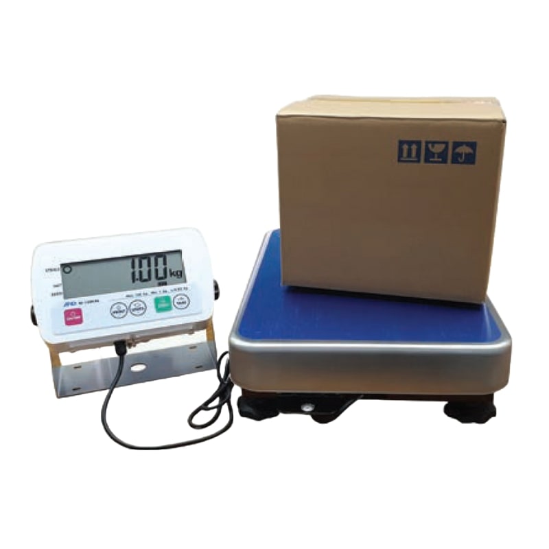 A&D Weighing SE-150KL-W IP68 Washdown Platform Scales Wall Mount Unit on Ground with Box on Scale Front View