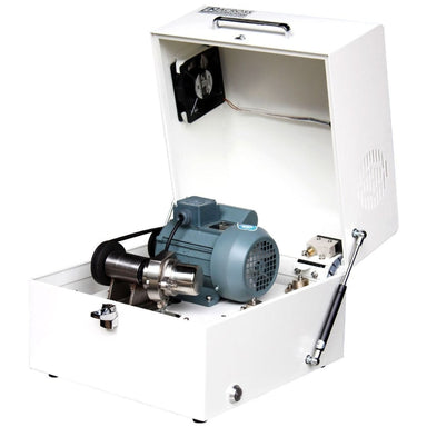 Across International VQN Desktop High Energy Vibratory Ball Mill Open Lid Angled Left Front View