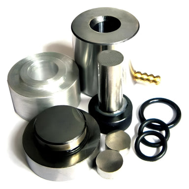 Across International SDS13.V 13mm ID Vacuum Dry Pressing Die Set Collection on Flat Surface with All Pieces Top Front View 