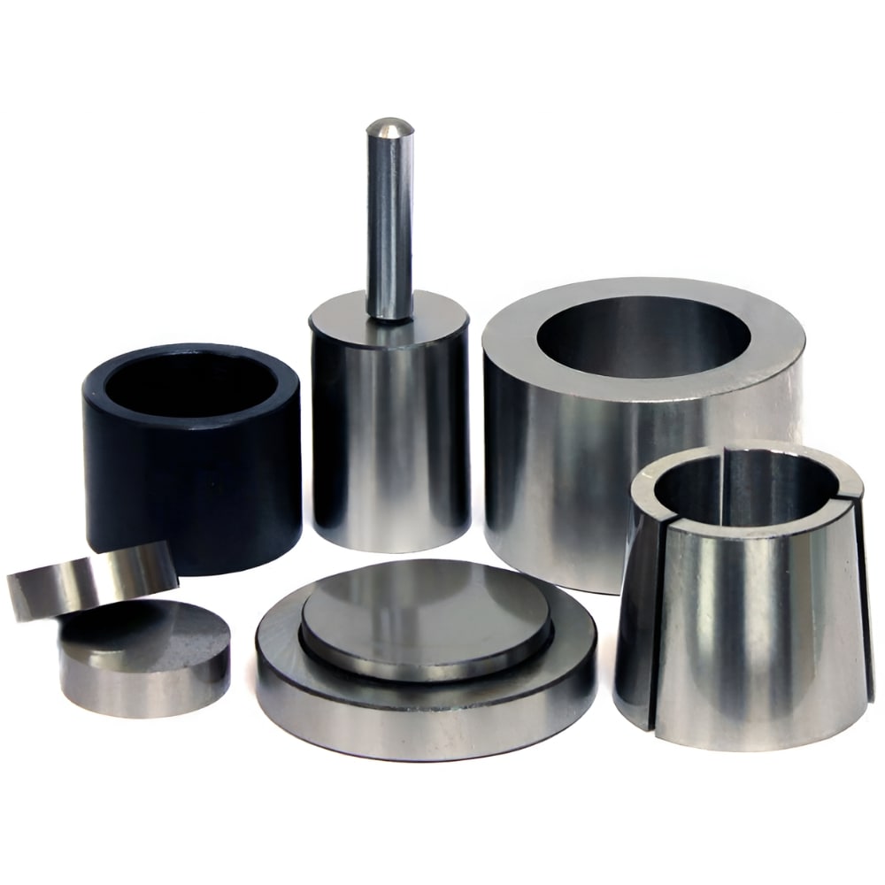 Across International SDS40.K 40mm ID Round Easy-Retrieve Dry Pressing Die Set Collection on Flat Surface with All Pieces Front View 