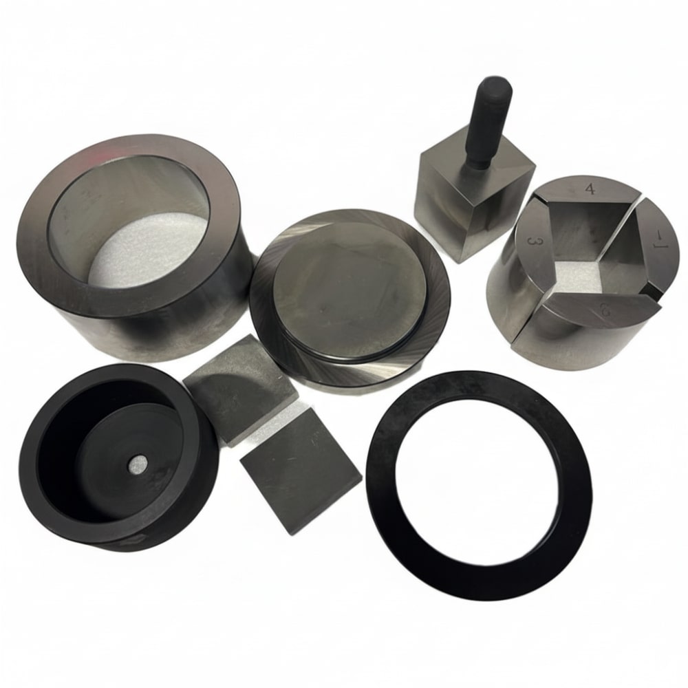 Across International SDS50.KS 50mm ID Square Easy-Retrieve Dry Pressing Die Set Collection on Flat Surface with All Pieces Separate Top Front View