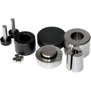 Across International SDS6.K 6mm ID Round Easy-Retrieve Dry Pressing Die Set Collection on Flat Surface with All Pieces Separate Front View