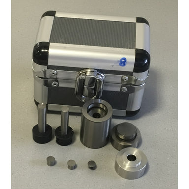 Across International SDS8 8mm ID Cylindrical Pressing Die Set Collection on Flat Surface with all Pieces in Front of Carry Case Top Front View 