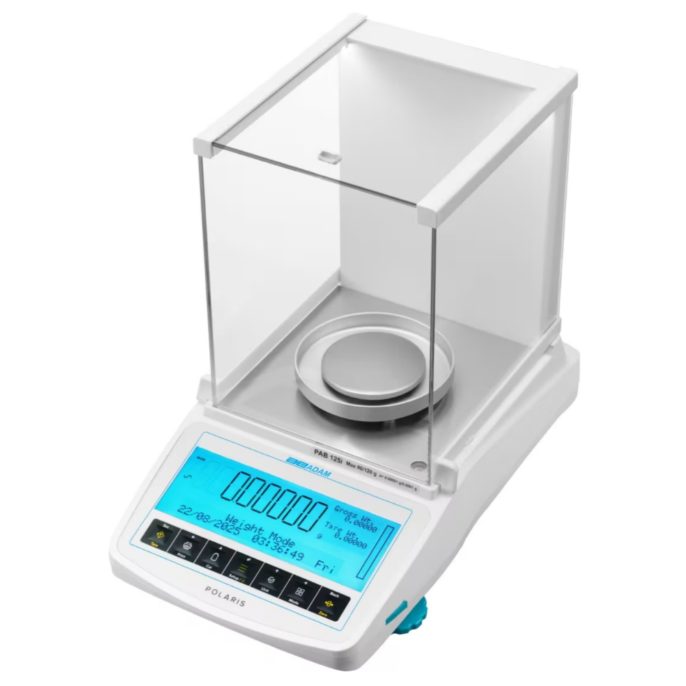 Adam Polaris PAB Series Analytical & Semi-Micro Balances with Draft Shield Angled Left Top Front View