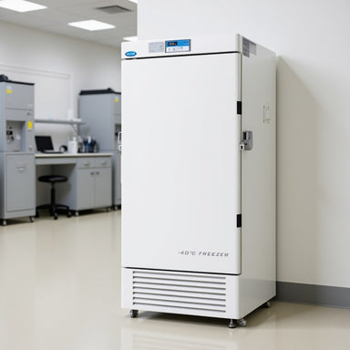 Nuline DW450 -40°C Freezer with Solid Door Closed Standing Against Laboratory Wall Angled Left Front View