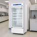 Nuline EC300 Pharmacy Refrigerator with Glass Door Closed Standing Against Laboratory Wall Angled Left Front View