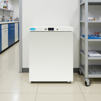 Nuline HF200 Spark Safe Freezer with Solid Door Closed Standing Against Laboratory Wall Front View