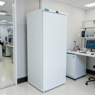 Nuline HF400 Spark Safe Freezer with Solid Door Closed Standing Against Laboratory Wall Angled Right Front View