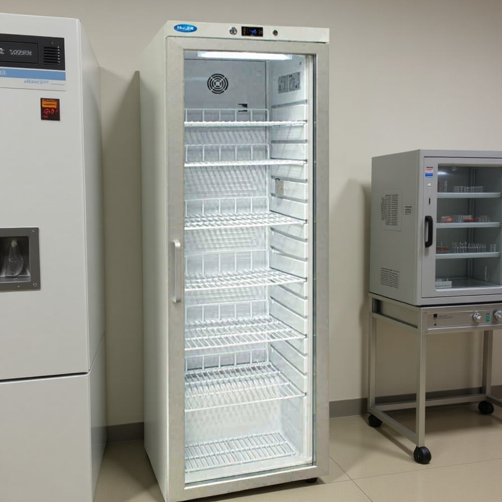 Nuline HR400G Pharmacy Fridge Glass Door Closed Standing on Laboratory Floor Against Wall Angled Right View