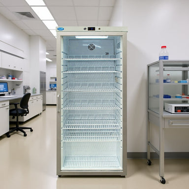 Nuline HR600G Pharmacy Fridge  Glass Door Closed Standing on Laboratory Floor Front View
