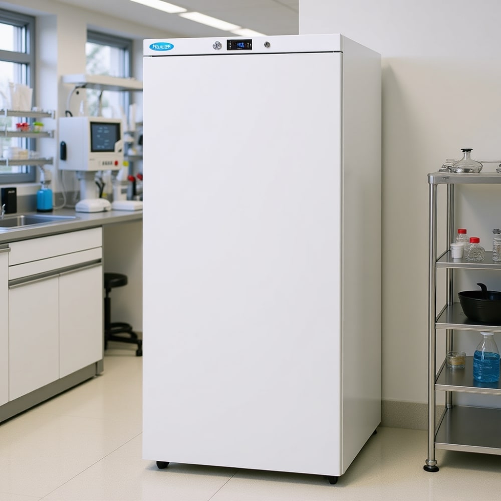 Nuline HR600P Pharmacy Fridge Solid Door Closed Standing on Laboratory Floor Against Wall Angled Left Front View
