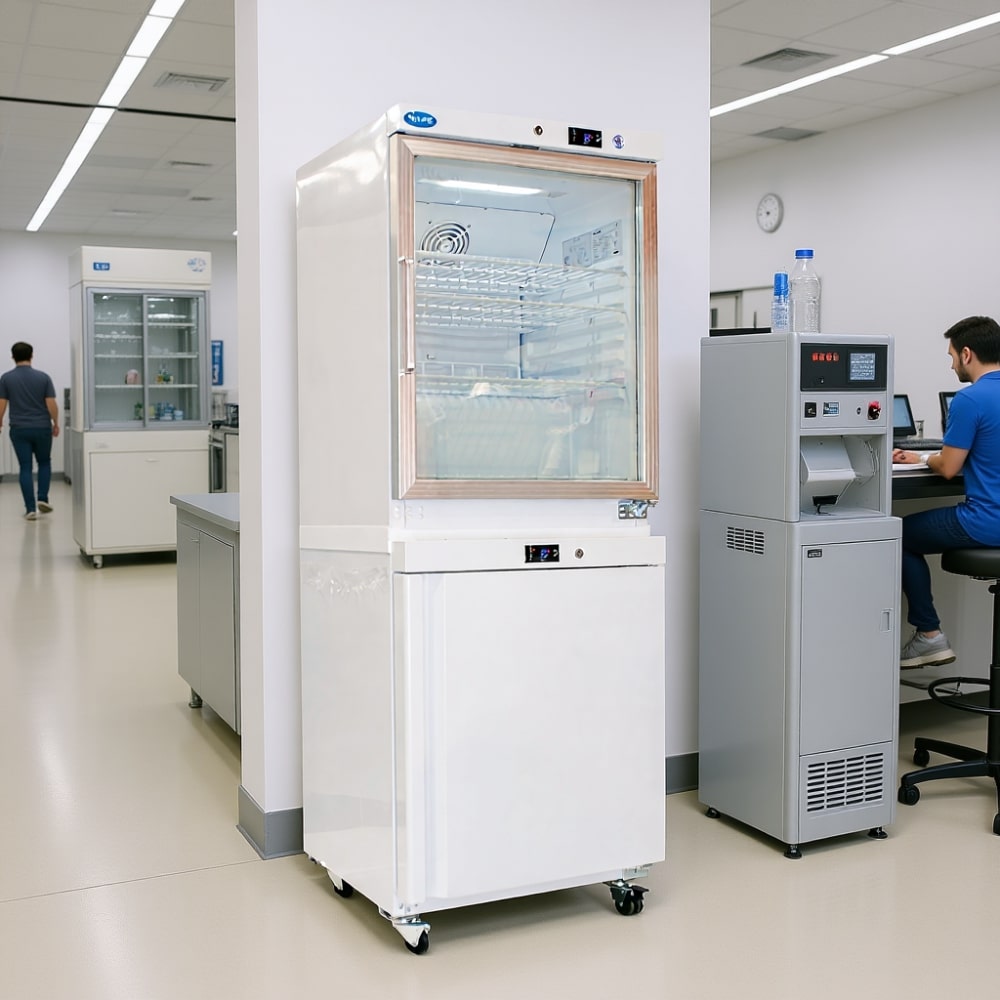 Nuline HRF400-2T Combination Fridge & Freezer Doors Closed Standing Against Laboratory Wall Angled Right Front View