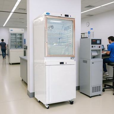 Nuline HRF400-2T Combination Fridge & Freezer Doors Closed Standing Against Laboratory Wall Angled Right Front View