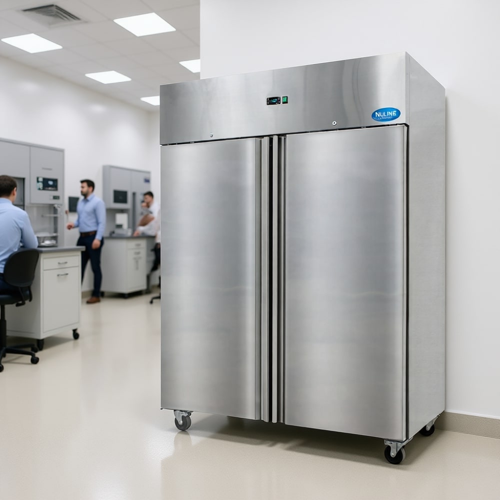 Nuline MF140BT Laboratory Freezer with Solid Door Closed Standing Against Laboratory Wall Angled Left View