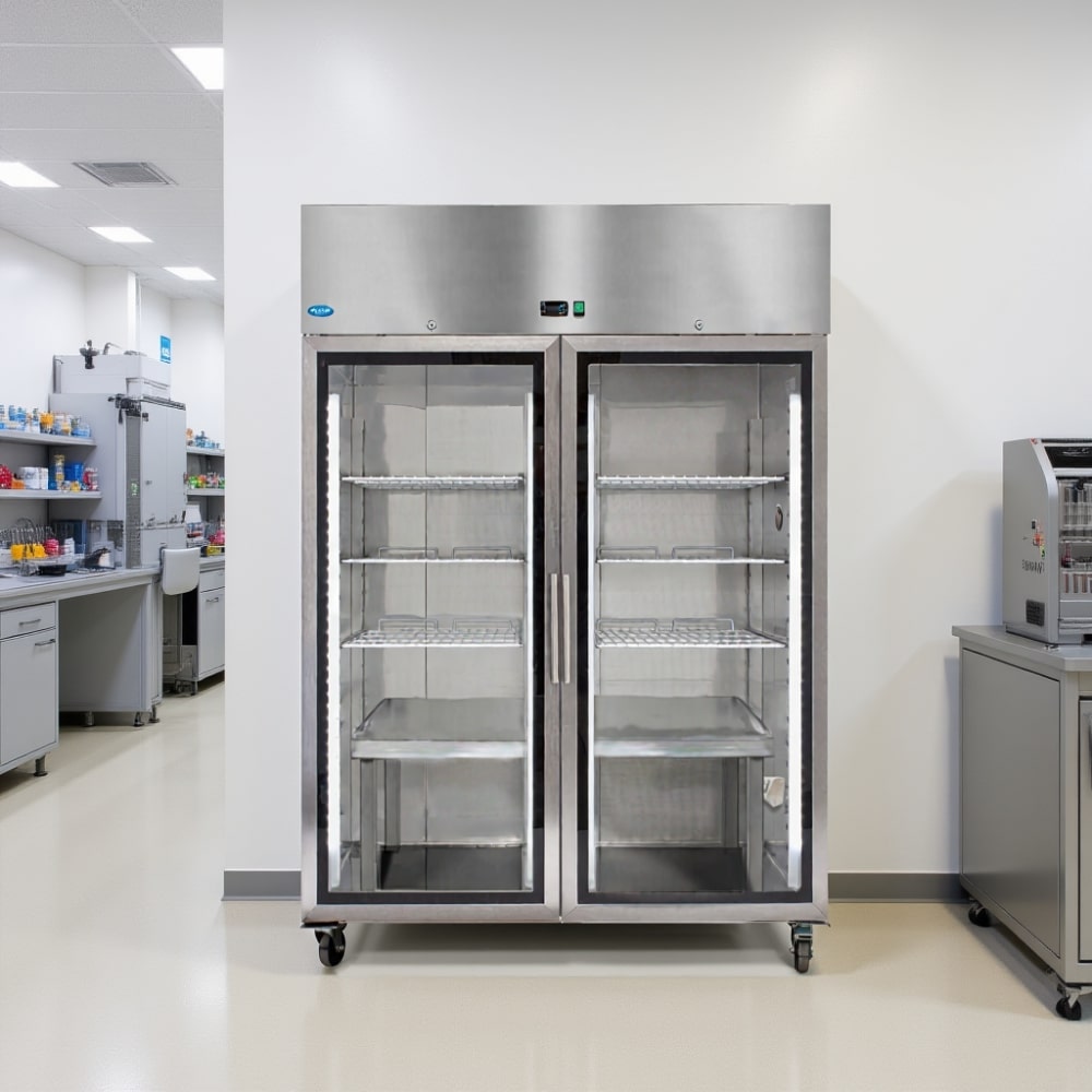 Nuline MF140TNG-Full Chromatography Lab Fridge Glass Door Closed Standing on Laboratory Floor Against Wall Front View