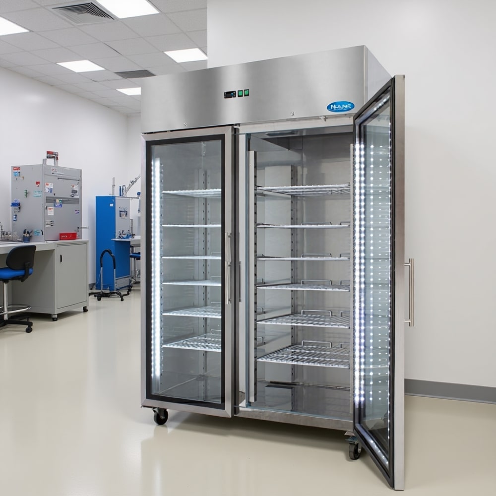 Nuline MF140TNG Laboratory Refrigerator with Glass Doors One Open Standing Against a Laboratory Wall Angled Left Front View