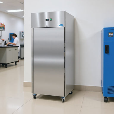 Nuline MF70BT Laboratory Freezer with Solid Door Closed Standing Against Laboratory Wall Angled Left Front View