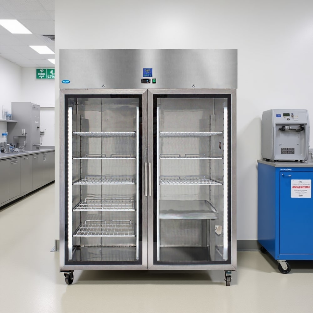 Nuline MFi10TNG Chromatography Refrigerator Incubator Half Shelf Closed Standing Against Laboratory Wall Front View