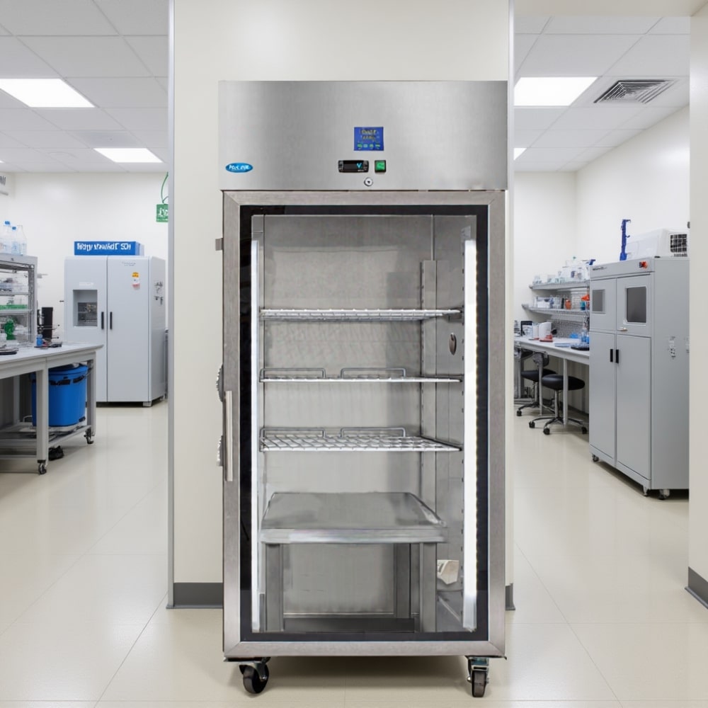 Nuline MFi70TNG Chromatography Refrigerator Incubator Closed Standing Against Laboratory Wall Front View