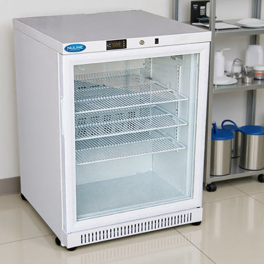 Nuline ML125GP Vaccine Refrigerator Glass Door Closed Standing on Laboratory Floor Against Wall Angled Right View