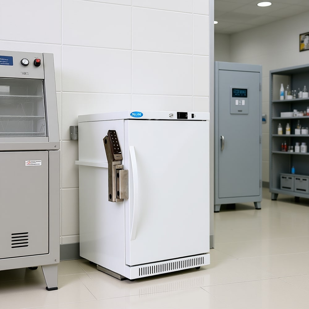 Nuline ML125 Schedule 8 Drug Refrigerator Solid Door Closed Standing on Laboratory Floor Against Wall Angled Right Front View