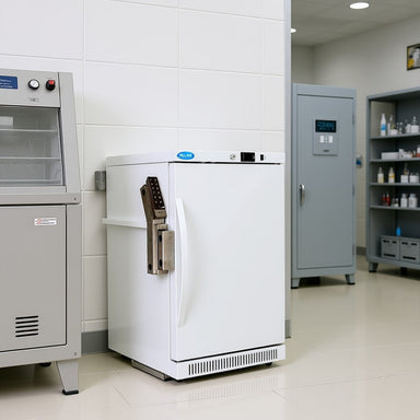 Nuline ML125 Schedule 8 Drug Refrigerator Solid Door Closed Standing on Laboratory Floor Against Wall Angled Right Front View