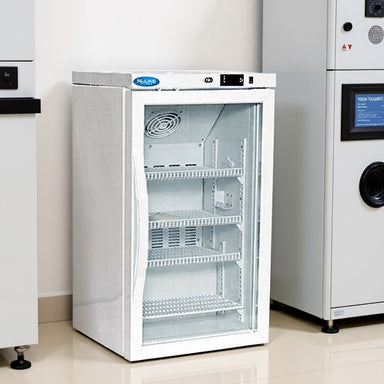 Nuline ML59GP Vaccine Refrigerator Glass Door Closed Standing on Laboratory Floor Against Wall Angled Right View