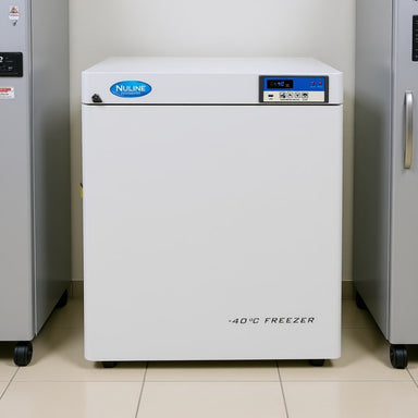 Nuline MLF90 -40°C Freezer with Solid Door Closed Standing Against Laboratory Wall Front View