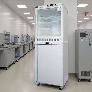 Nuline MLSHF400-2T Static Combination Fridge - Freezer Doors Closed Standing Against Laboratory Wall Angled Left Front View