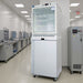 Nuline MLSHF400-2T Static Combination Fridge - Freezer Doors Closed Standing Against Laboratory Wall Angled Left Front View