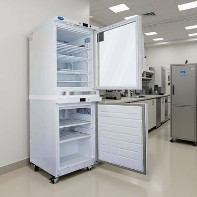 Nuline MLSHF400-2T Static Combination Fridge - Freezer Doors Open Standing Against Laboratory Wall Angled Right Front View