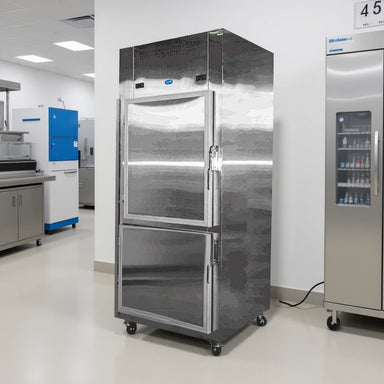 Nuline NDT700 Refrigerator & Freezer with Solid Doors Closed Standing Against Laboratory Wall Angled Left View