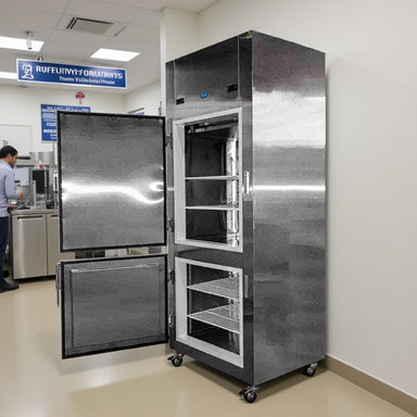 Nuline NDT700 Refrigerator & Freezer with Solid Doors Open Standing Against Laboratory Wall Angled Right View