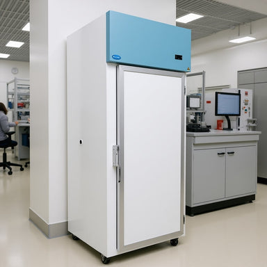 Nuline NHFTS600 Top Mounted Spark Safe Freezer with Solid Door Closed Standing Against Laboratory Wall Angled Right Front View