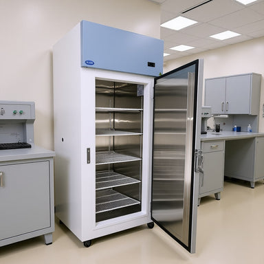 Nuline NHFTS600 Top Mounted Spark Safe Freezer with Solid Door Open Standing Against Laboratory Wall Angled Right Front View
